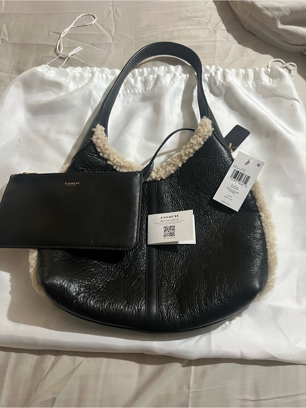 Coach Black Leather Hobo with Cream Shearling Trim and Pouch